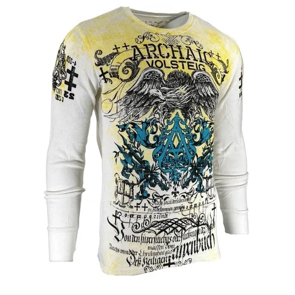 Archaic by Affliction Men's Thermal Shirt CYANIDE Eagle Biker White - Picture 6 of 9